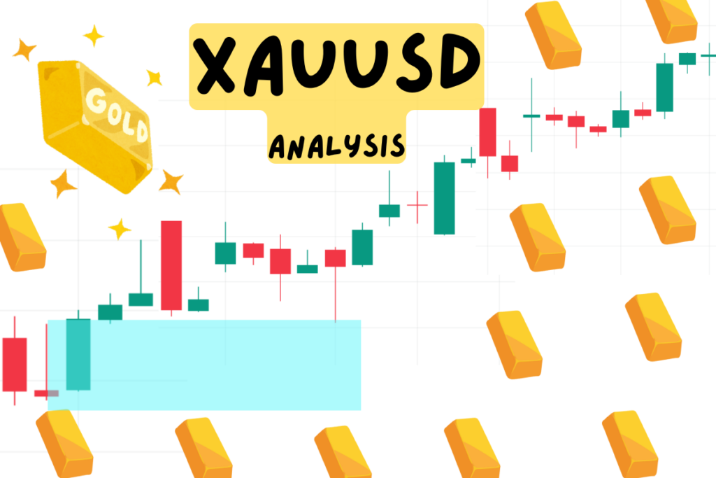 a chart showing bullish price action movement with gold bars and XAUUSD analysis text.