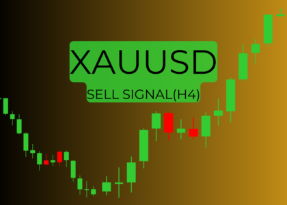 XAUUSD 4H Sell Signal with a bullish price chart background and bold text overlay.