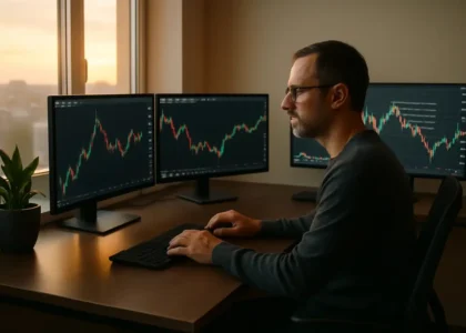 Trader practicing emotional discipline with focus and calm at their trading desk.