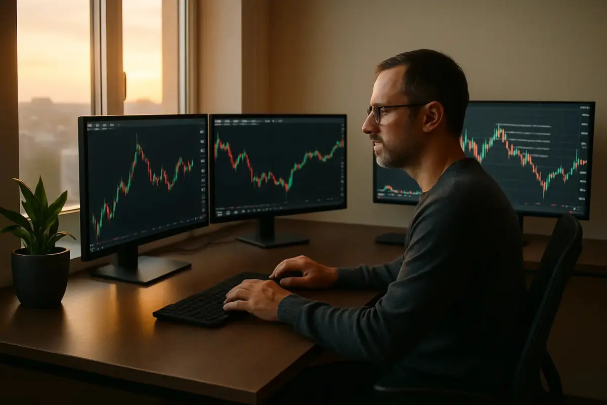 Trader practicing emotional discipline with focus and calm at their trading desk.