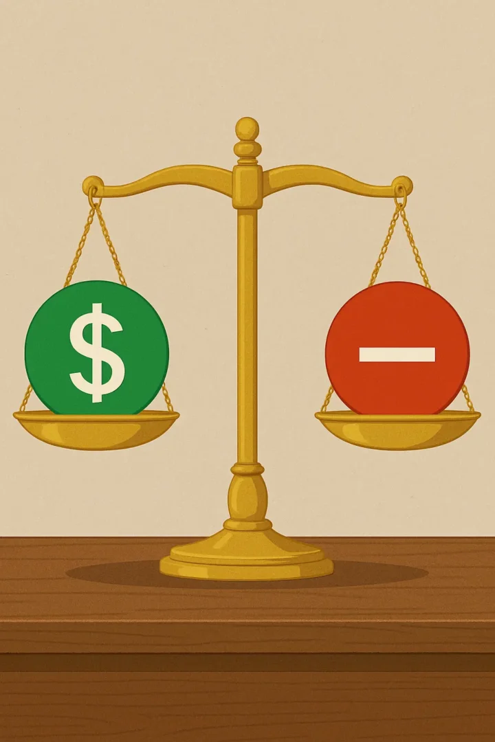 A scale balancing a profit and a loss representing how emotional discipline creates balance allowing traders to detached from individual trade outcomes